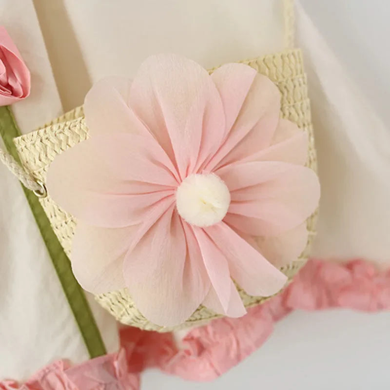 2Piece Sets Girls Summer Clothes Korean Cute Flower Doll Collar Sleeveless Cotton Kids Dresses+Bag Toddler Princess Dress B095