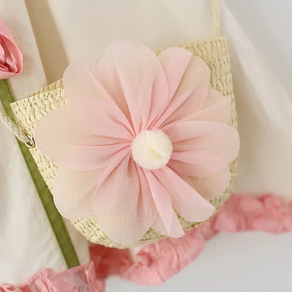 2Piece Sets Girls Summer Clothes Korean Cute Flower Doll Collar Sleeveless Cotton Kids Dresses+Bag Toddler Princess Dress B095
