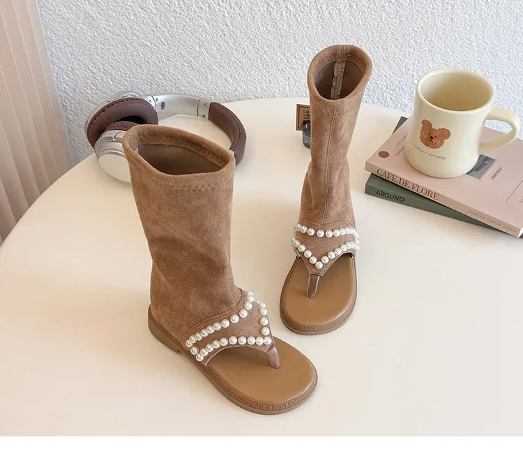 2025 Children High-top Sandals for Girls Summer New Fashion Korean Style Soft Sole Non-slip Versatile Pearl Roman Princess Shoes