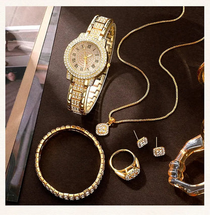 Golden Watch Women Ring Necklace Earrings Rhinestone Fashion Wristwatch Female Casual Ladies Watches Bracelet Set Clock