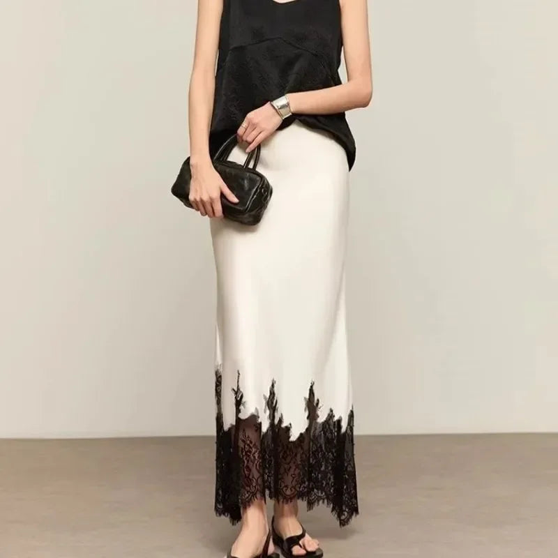 Fairy Elegant Lace Trim Satin Skirt Women High Waist Wrapped Hip Slim Midi Lace Hem Skirt Office Summer Daily Chic Lady Clothes