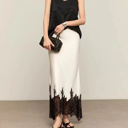 Fairy Elegant Lace Trim Satin Skirt Women High Waist Wrapped Hip Slim Midi Lace Hem Skirt Office Summer Daily Chic Lady Clothes