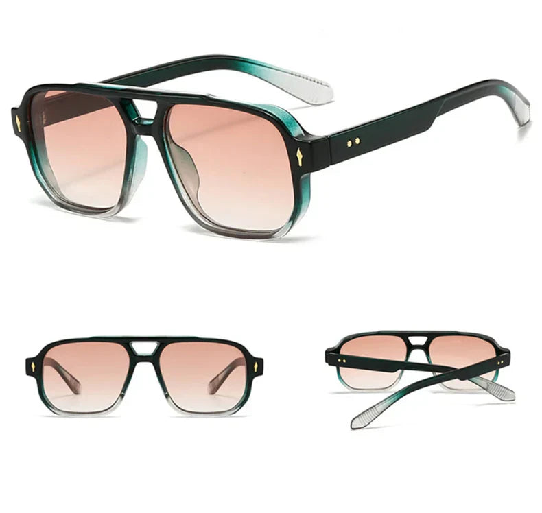 Vintage Double Bridges Men Square Sunglasses Fashion Clear Ocean Lens Eyewear Women Trending Rivets Sun Glasses UV400