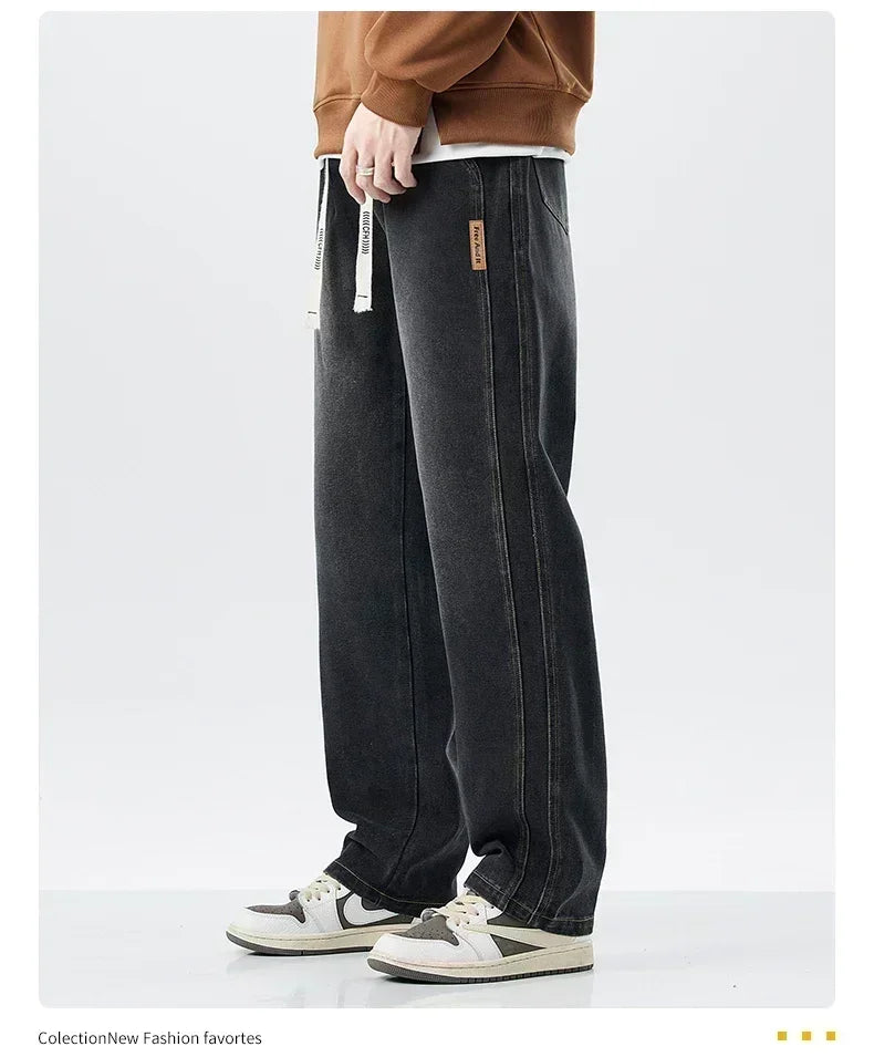 Men's Retro Jeans Elastic Waist Fashion Loose Straight Casual Wide Pants Cotton Casual Korean Baggy Wide Leg Denim Trousers