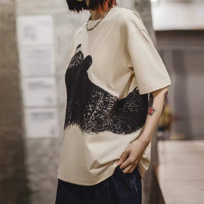 Oversized Bear Print Short Sleeve T-Shirt Women's Summer Apricot Loose Fit Ribbed Crew Neck Tee Cute Casual Street Tops