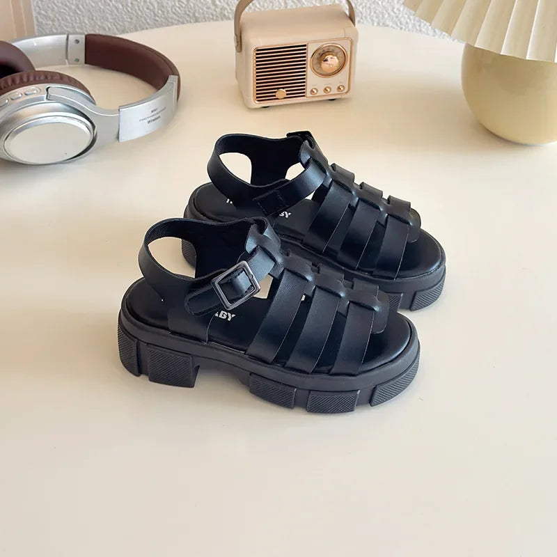 2025 Summer New Children Fashion Sandals for Girls American Style Soft Thick Sole Non-slip Versatile Cool Woven Roman Beach Shoe