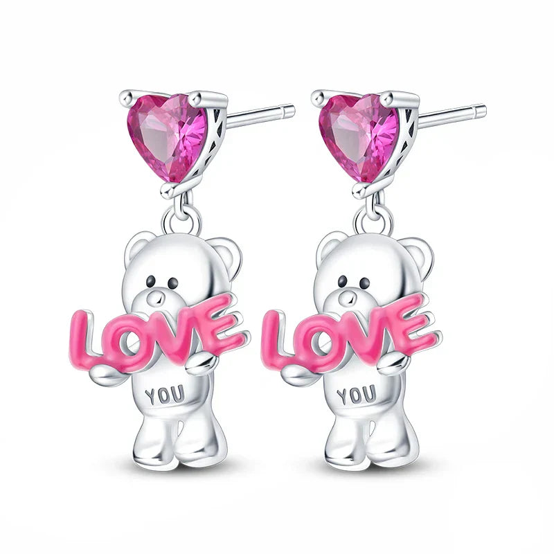 Earrings For Womens 925 Silver Color Pink Rainbow Horse Bear Bee Double Hoop Earrings Fine Engagement Anniversary Jewelry Gifts