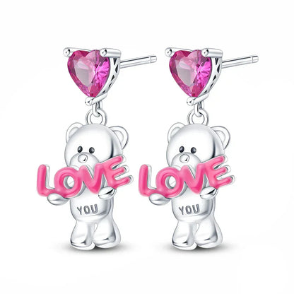 Earrings For Womens 925 Silver Color Pink Rainbow Horse Bear Bee Double Hoop Earrings Fine Engagement Anniversary Jewelry Gifts