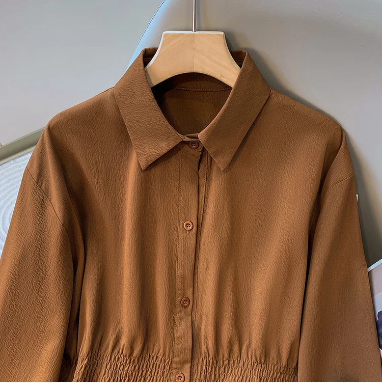 2026 Women's Plus Size Blouse Korean Style Spring Autumn Loose Elegant Casual Mid-length Tops Long Sleeved Waist Cinching Shirts