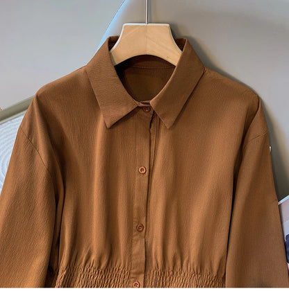 2026 Women's Plus Size Blouse Korean Style Spring Autumn Loose Elegant Casual Mid-length Tops Long Sleeved Waist Cinching Shirts