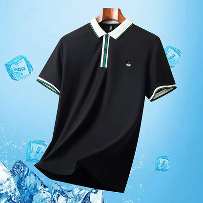 High Quality Man Short-Sleeved Polo Shirt Lapel Button Color Blocking Pattern Printing New T-Shirt Business Casual Men'sClothing