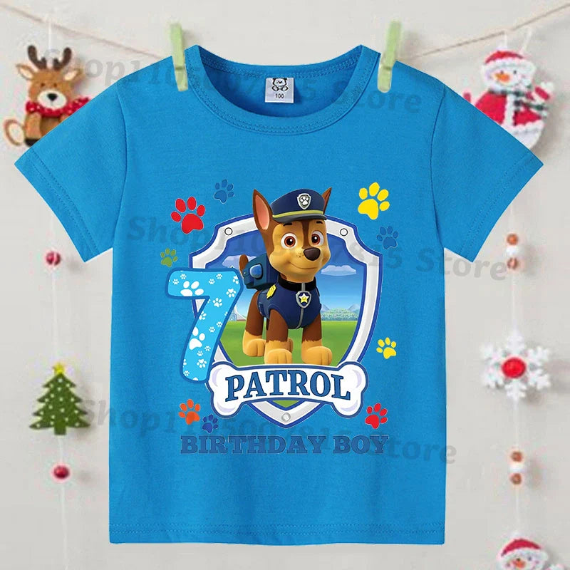 Paw Patrol Blue T-shirts for Boys Anime Cartoon Cute Birthday Clothing Children Summer Fashion Short Sleeved Shirt Kids Clothes