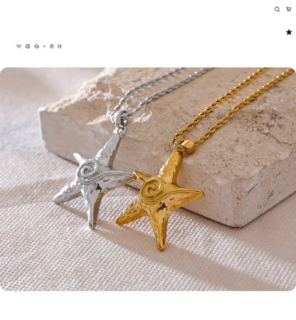 316L Stainless Steel Starfish Pendant Necklace Rust Proof Statement 18K Gold PVD Plated Individualistic Holiday Jewelry