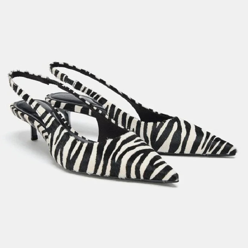 Stylish Zebra Print Design High Heels for Women Sexy Pointed Toe Kitten Heels Sandals Comfortable Street Style Slingback Shoes