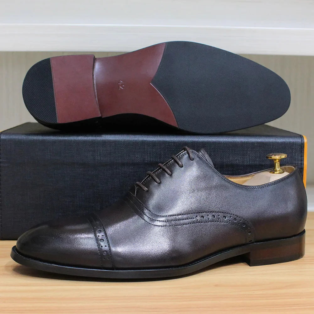 Men's Genuine Leather Oxfords Handmade Cap Toe Dress Shoes Lace-Up Formal Wedding Shoes Business Office Male Footwear