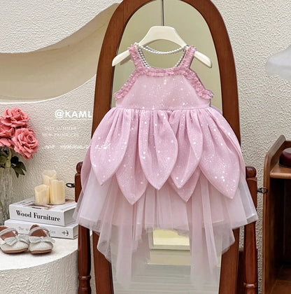 Girls Dress 2025 Summer New Flower Fairy Princess Strap Dress Super Fairy Children Birthday Princess Dress