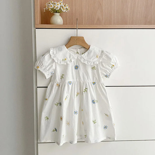 Vestido Feminino 2026 Edição Coreana Verão Novo 2-6 Anos Algodão Bordado Flor Manga Curta Vestido Fofo para Meninas