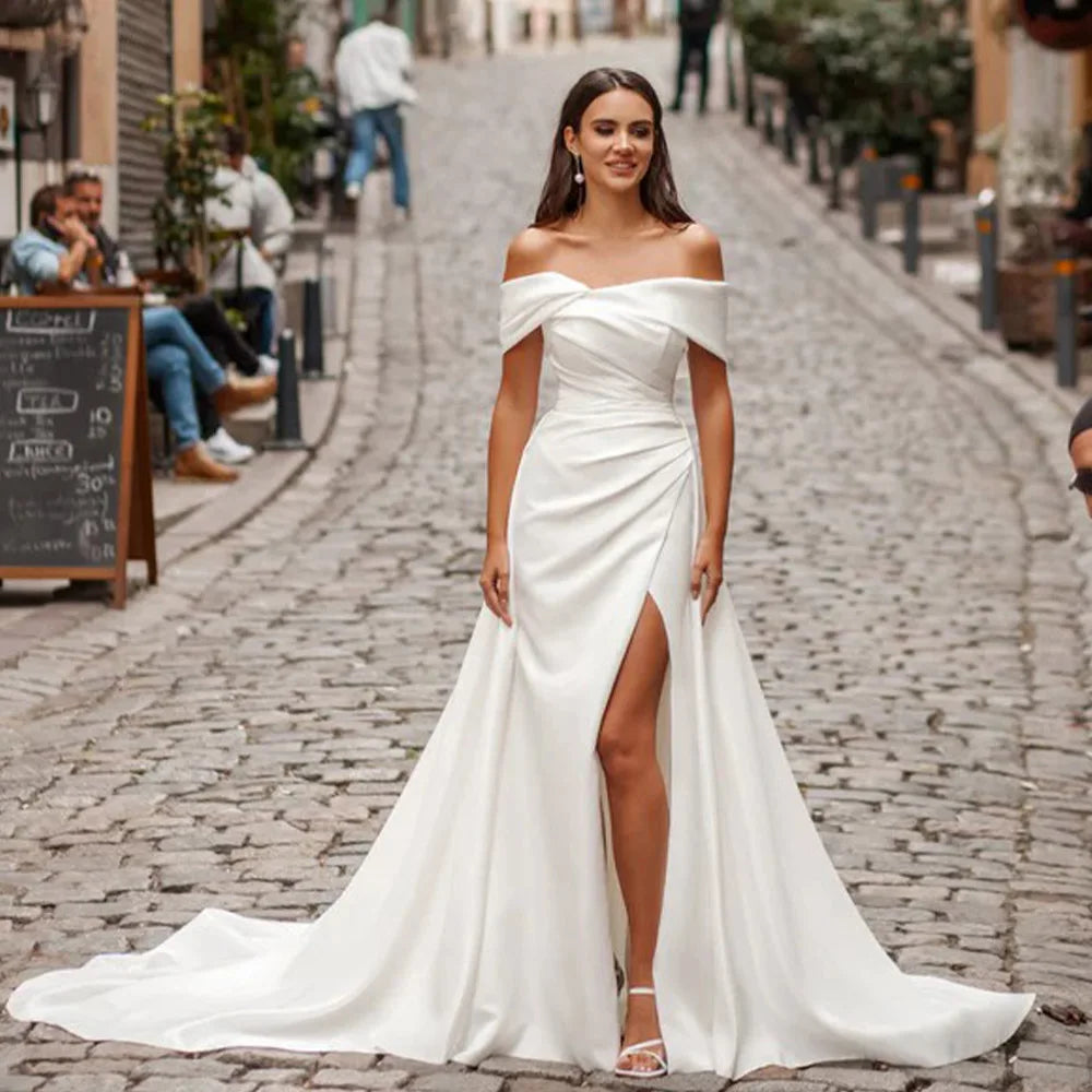 Elegant Off The Shoulder Satin Sheath/Mermaid Wedding Dresses Side Slit Detachable Train Formal Bridal Grown 2025 Rode De