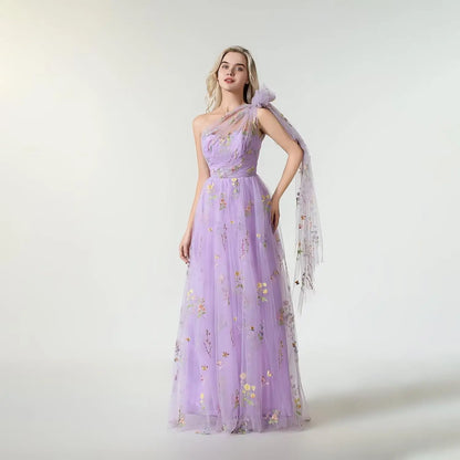 Vestido Longo de Formatura Feminino Elegante de Um Ombro Só com Bordado Floral em Tule, Modelo Godê para Festas de Gala