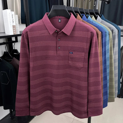 2025 long sleeved men's spring and autumn collar striped pullover top with loose pockets polo shirt