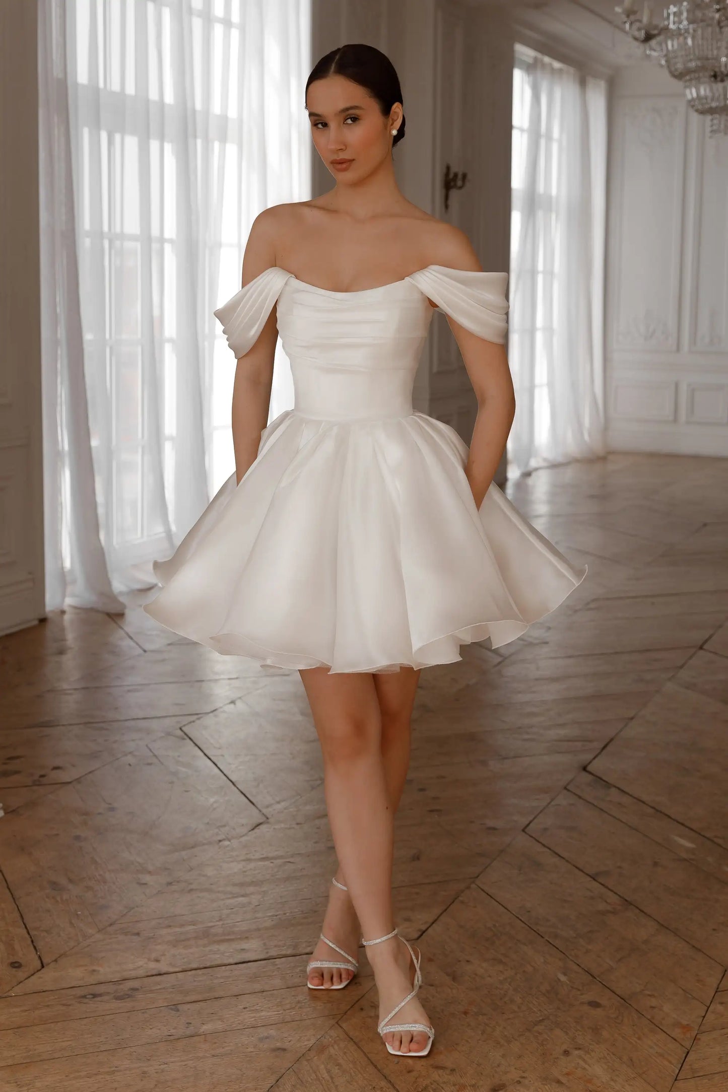 Luxury Satin A-line Mini Wedding Dresses Off the Shoulder Backless Lace Up Ball Gowns Pleats Ruched Exquisite Bridal Dress 2026