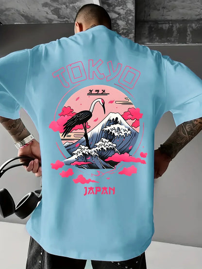 Men's summer 100% cotton Tokyo casual pattern printed fashionable and casual loose round neck short sleeved T-shirt top