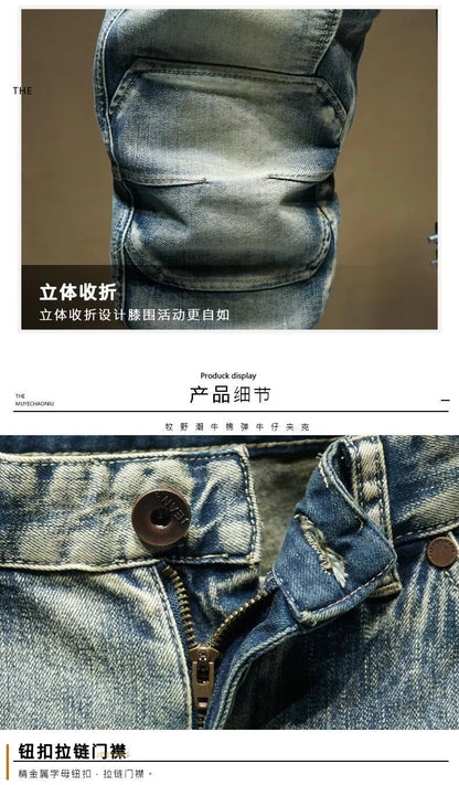 2024 Spring and Autumn New Fashion Trend Solid Color Retro Motorcycle Jeans Men's Casual Loose Comfortable Straight Leg Pants