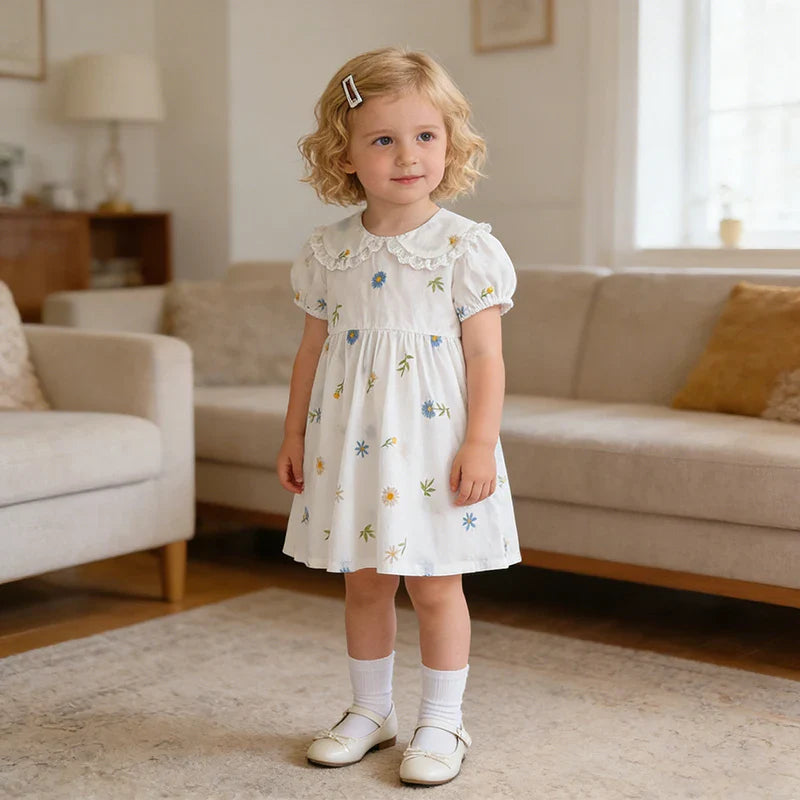2026 Girls Dress Korean Edition Summer New 2-6Yrs Cotton Embroidered Flower Short Sleeve Girls' Dress Cute Dress