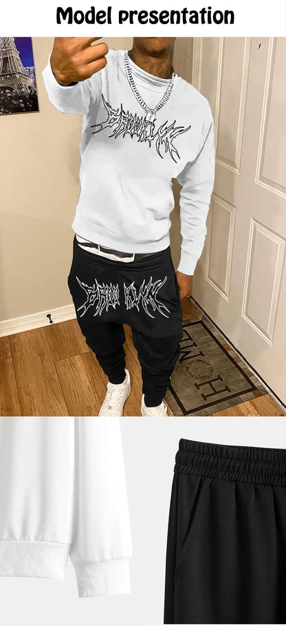 Autumn Trendy New Sweatshirt Sweatpants Set Men's Daily Loose Casual Fit Printed Hundred Long Sleeve Sweatshirt 2 piecesSet