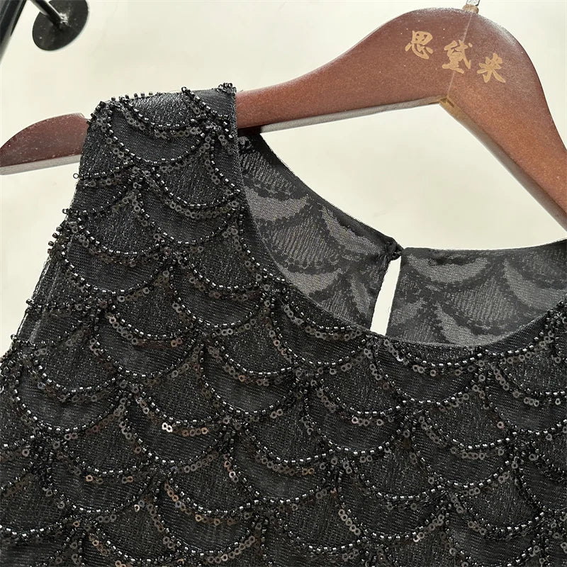 Bling Bling Sequined Tanks Tops Women Fashion Heavy Industry Double-sided Beaded Vest Vacation Leisure Beaded  Chiffon Top
