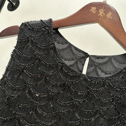 Bling Bling Sequined Tanks Tops Women Fashion Heavy Industry Double-sided Beaded Vest Vacation Leisure Beaded  Chiffon Top