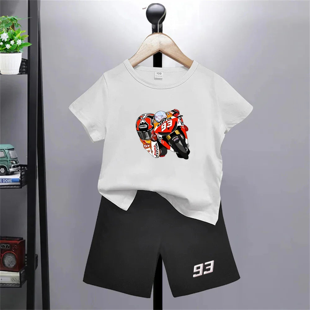 Summer red Short Sleeve T Shirt +shorts 2 Piece Motorcycle race car number 93 Children Clothes Casual Boy Girl Kid Tracksuit
