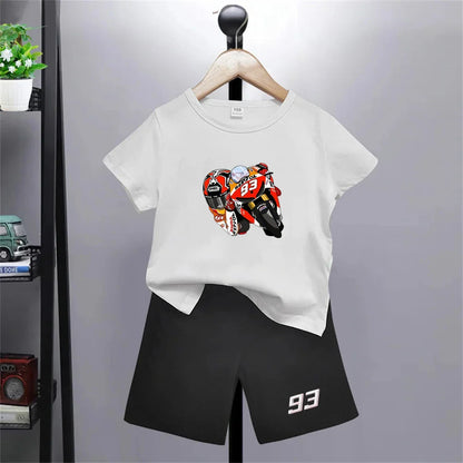 Summer red Short Sleeve T Shirt +shorts 2 Piece Motorcycle race car number 93 Children Clothes Casual Boy Girl Kid Tracksuit