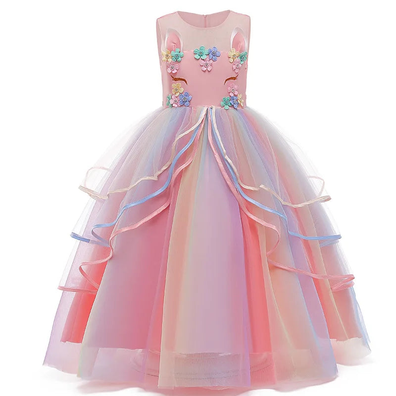 Girls Fantasy Unicorn Long Dress Rainbow Princess Girls Birthday Party Dress Children Kids Carnival Prom Gown for teen 3-12years