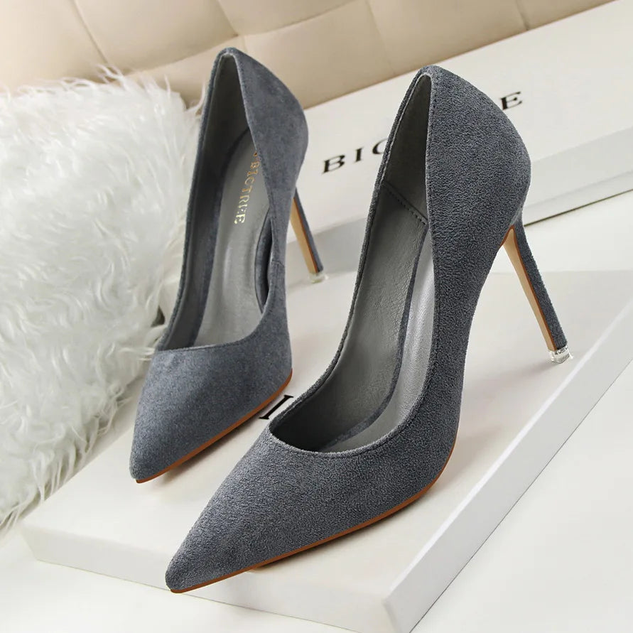 Women 9cm High Heels Yellow Burgundy Pumps Plus Size Stripper Suede Escarpins Lady Wedding Bridal Scarpins Green Blue Prom Shoes
