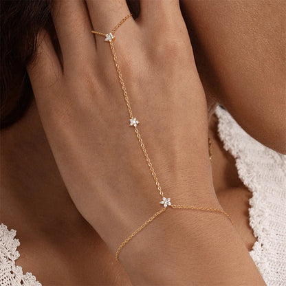 Dainty 5A Zircon Finger Ring Chain Bracelets Flower High Carbon Bracelet for Women Girl Adjustable s925 Silver Jewelry Gift