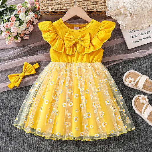 Girls 4-7 Yellow Summer Casual Dress, Front Ruffled Sleeve Design with Bow & Daisy Print Tulle Skirt, Daily Kids Outfit