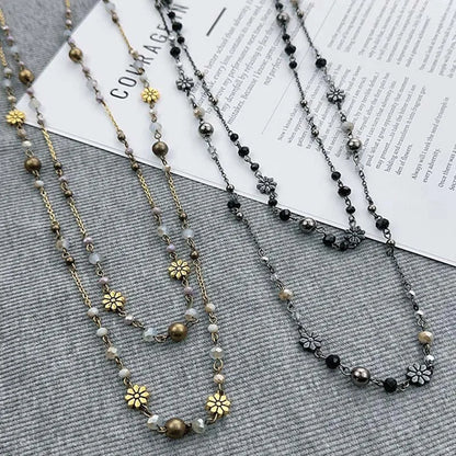 Vintage Double Layered Flower Beaded Chains Necklaces for Women Bohemian Ethnic Style Glass Beaded Sweater Chain Jewelry