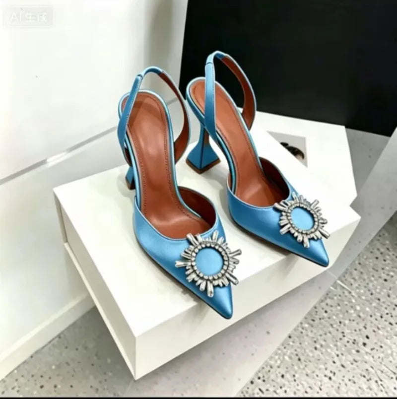 Women's Sandals 2026 New Sun Button Water Diamond Pointed High Heels Fashionable Banquet Wine Glass and Baotou Sandals