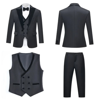 Four Pieces Boys Formal Suit Set, Velvet Collar Blazer Vest Pants Bow-tie Tuxedo Pants, Homecoming Children Wedding Suits