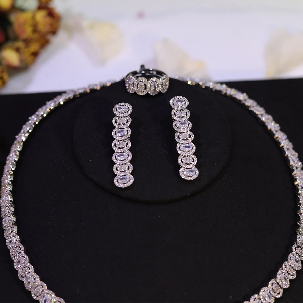 New Sparkling Cubic Zirconia Choker Necklace Earrings Bracelet Set for Women Wedding Party Jewelry