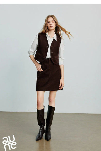 Women Midi Skirt 2025 Autumn New Retro Corduroy Elastic Waist Pure Cotton A Line Mini Skirt