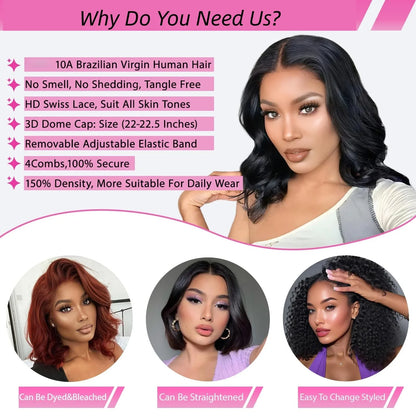 Short Bob Glueless Body Wave Human Hair Wigs 5X5 HD Transparen Lace Frontal Real Human Hair Wig Natural Human Hair  Wigs 16 Inch