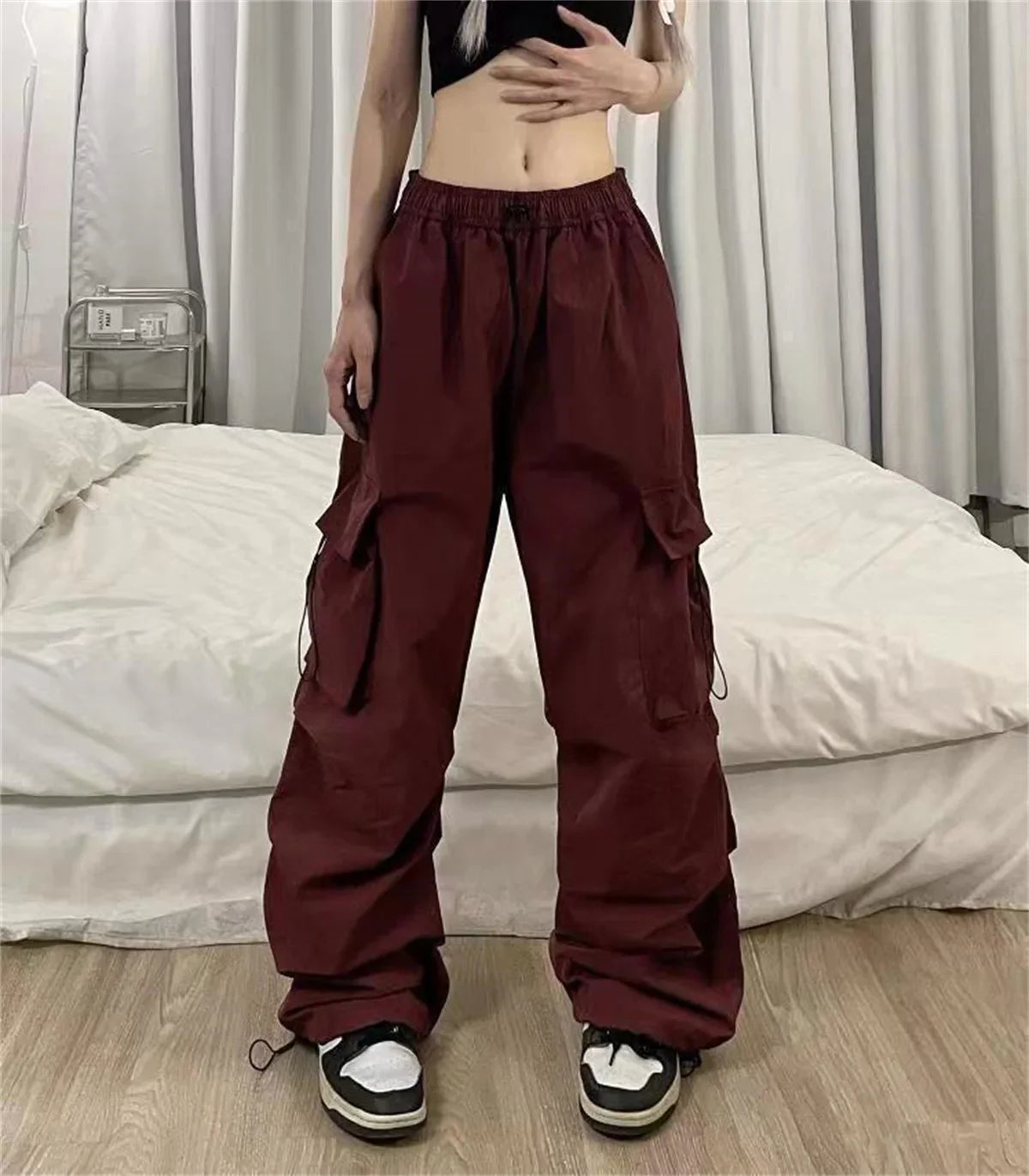Black Men's Hip Hop Cargo Pants Casual Summer Solid Multiple Pockets Trousers Cool Ribbons Techwear Hip Hop Sweatpants Boys