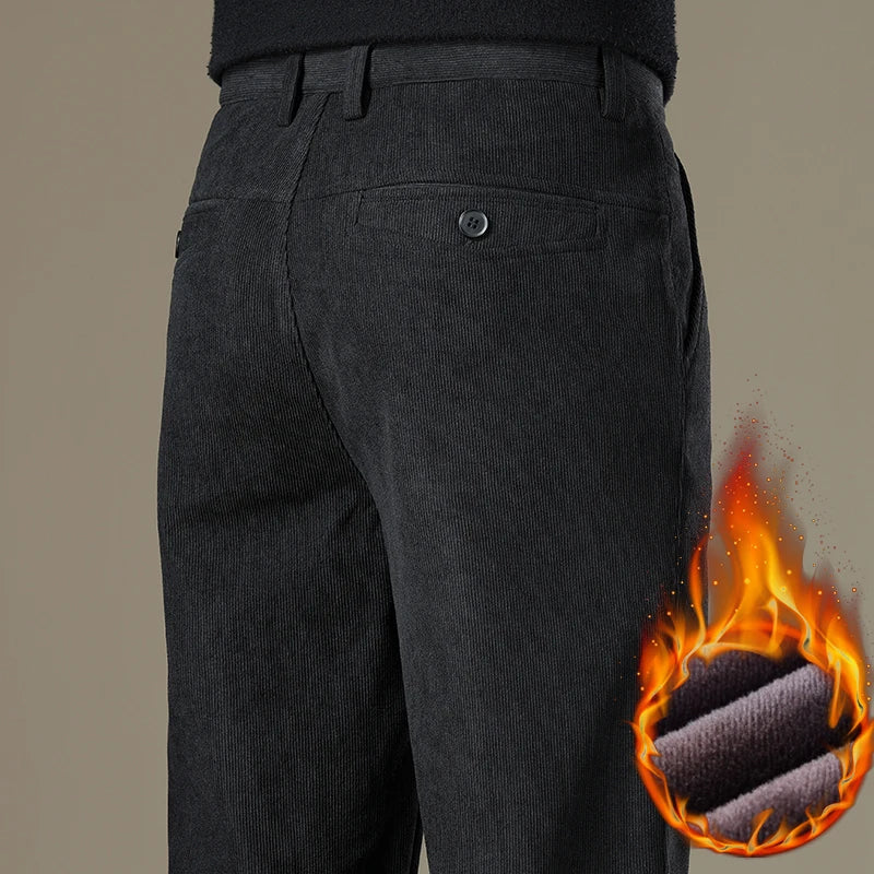 Winter Men Business Fleece Thick Casual Pants Straight Velvet Corduroy Warm Cold Resistant Bottoms Elastic Waist Trousers