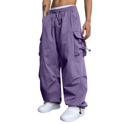 Cool Streetwear Versatile Quicky Drying Wide Leg Low Waist Drawstring Cargo Trousers Fashion Daily Casual Pockets Pants For Male