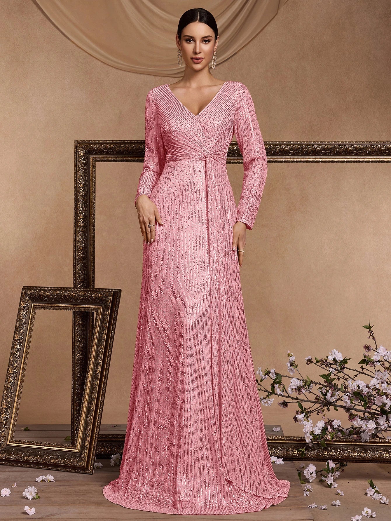 Vestidos de Festa Longos Rosas de Luxo com Decote em V para Mulheres Elegantes, Maxi Vestido de Festa com Lantejoulas e Mangas Longas, Vestidos de Baile e Coquetel
