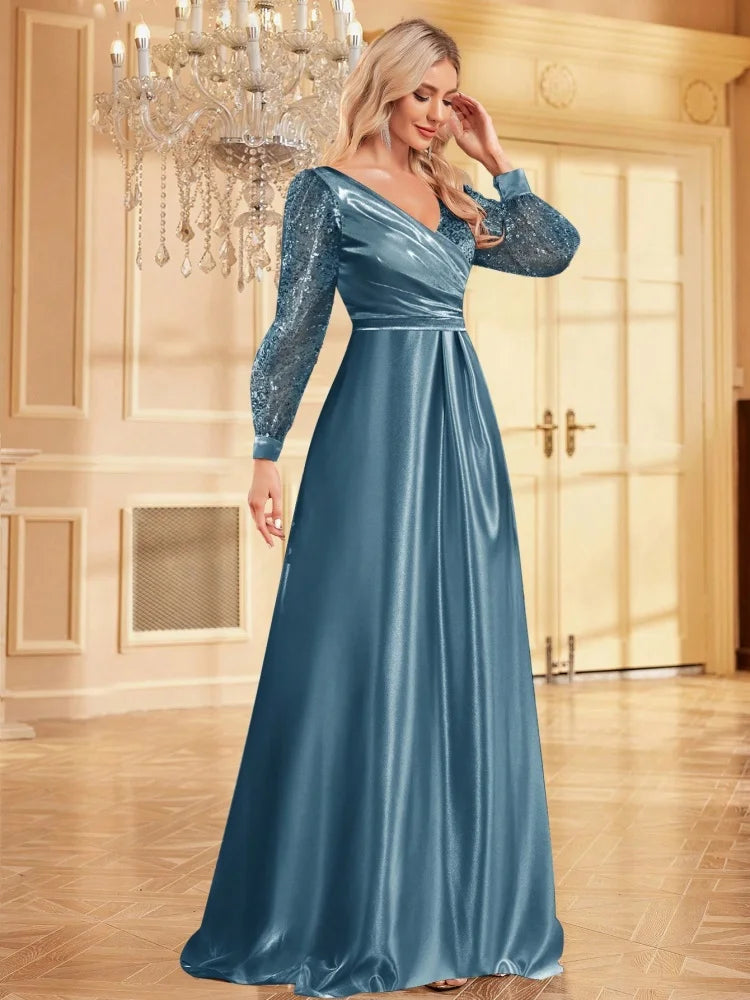 Luxury Blue V-Neck SequinS Evening Dress 2025 Elegant Women Party Maxi Dress Long Sleeve Cocktail Dress Prom Graduation Gowns