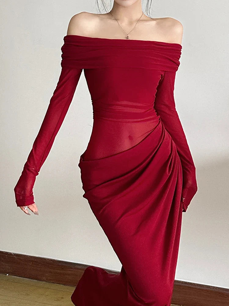 Dress Women 2025 Spring Patchwork Mesh Elegant Slash Neck Ruched Fit Chic Birthday Party Festival Vacation Vestidos