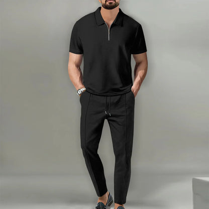 2024 New Trend Men's Sport Suit Autumn New Mens Suits Solid Color Waffle Lapel Short Sleeve Zipper Pants Set for Men